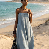 Women's Casual Blue Cotton-linen Sleeveless Camisole Maxi Dress MDZ1660F0LXY