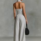 Women's Minimalist Striped Linen Sleeveless Single-Breasted Jumpsuit MDZ1950C7Y