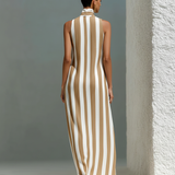 Women’s Camel & White Striped Sleeveless Stand Collar V-Neck Maxi Dress With Pockets MDZ2026D2T