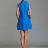 Women's Royal Blue Linen Mini Dress With Stand Collar Front Zip Placket & Large Patch Pockets, Minimalist Casual Summer Shirt Dress MDZ2373F7LYL
