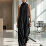 Women's Black Linen-Blend Maxi Dress With High Neck & Side Pockets, Timeless Minimalist Casual Dress MDZ2597D7LYL