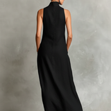 Women's Black Linen-Blend Maxi Dress With High Neck & Side Pockets, Timeless Minimalist Casual Dress MDZ2597D7LYL