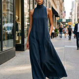 Women's Black Linen-Blend Maxi Dress With High Neck & Side Pockets, Timeless Minimalist Casual Dress MDZ2597D7LYL