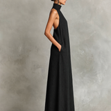 Women's Black Linen-Blend Maxi Dress With High Neck & Side Pockets, Timeless Minimalist Casual Dress MDZ2597D7LYL