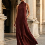 Women's Black Linen-Blend Maxi Dress With High Neck & Side Pockets, Timeless Minimalist Casual Dress MDZ2597D7LYL