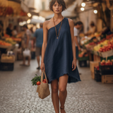 Women's Minimalist Linen-Blend One-Shoulder Sleeveless Mini Dress With Frayed Hem MDZ2597E0Y