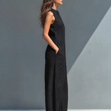 Women's Minimalist Linen Blend Button-up Stand-collar Sleeveless Loose Jumpsuit MDZ2725A5Y