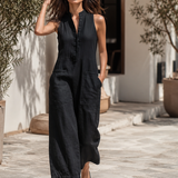 Women's Minimalist Linen Blend Button-up Stand-collar Sleeveless Loose Jumpsuit MDZ2725A5Y