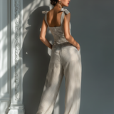 Women's Beige & White Striped Linen-Blend Jumpsuit With Square Neck & Tie Straps MDZ2733B8T