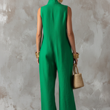 Women's Minimalist Loose-Fit Linen-Blend Jumpsuit — Stand Collar, Sleeveless, Single-Breasted MDZ2928D6Y