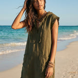 Women's Minimalist Linen-Blend Mini Dress — Hooded, Sleeveless, Raw Hem MDZ2961D3Y