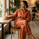 Women's Minimalist Cotton-Linen Jumpsuit With Belt — Wide-Leg Trousers And Mid-Length Sleeves MDZ2965E9ZJW