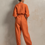 Women's Minimalist Cotton-Linen Jumpsuit With Belt — Wide-Leg Trousers And Mid-Length Sleeves MDZ2965E9ZJW