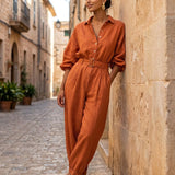 Women's Minimalist Cotton-Linen Jumpsuit With Belt — Wide-Leg Trousers And Mid-Length Sleeves MDZ2965E9ZJW