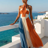 Women’s Orange White Blue Color Block Halter Keyhole Strapless Smocked Bodice Pleated Maxi Dress MDZ2980F6T