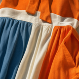 Women’s Orange White Blue Color Block Halter Keyhole Strapless Smocked Bodice Pleated Maxi Dress MDZ2980F6T