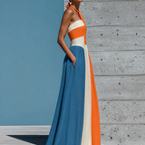 Women’s Orange White Blue Color Block Halter Keyhole Strapless Smocked Bodice Pleated Maxi Dress MDZ2980F6T
