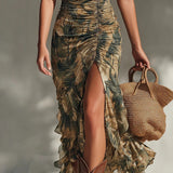 Palm Print Ruffle Ruched Slit Maxi Dress