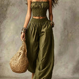 Smocked Crop Top Wide Leg Two-Piece Pants Set