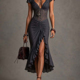 Lace Corset Ruched Ruffle Slit Midi Dress