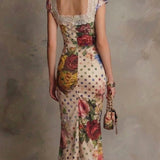Lace-Trim Mixed Print Ruched Bodycon Midi Dress