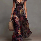 Watercolor Floral Pleated V-Neck Maxi Dress