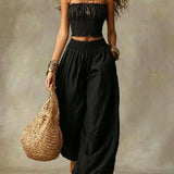 Smocked Crop Top Wide Leg Two-Piece Pants Set
