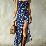 Ditsy Floral Smocked Ruffle Slit Maxi Dress