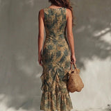 Palm Print Ruffle Ruched Slit Maxi Dress