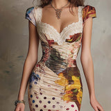 Lace-Trim Mixed Print Ruched Bodycon Midi Dress