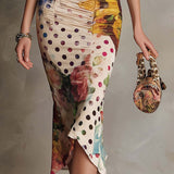 Lace-Trim Mixed Print Ruched Bodycon Midi Dress