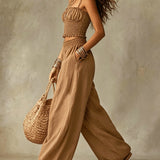 Smocked Crop Top Wide Leg Two-Piece Pants Set