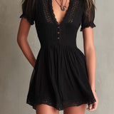 Crochet Lace Smocked V-Neck Mini Dress