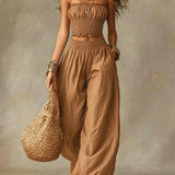 Smocked Crop Top Wide Leg Two-Piece Pants Set