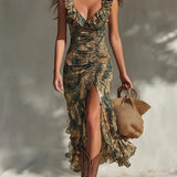 Palm Print Ruffle Ruched Slit Maxi Dress