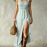 Ditsy Floral Smocked Ruffle Slit Maxi Dress