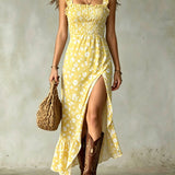 Ditsy Floral Smocked Ruffle Slit Maxi Dress