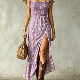 Ditsy Floral Smocked Ruffle Slit Maxi Dress