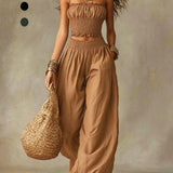 Smocked Crop Top Wide Leg Two-Piece Pants Set
