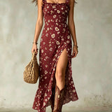 Ditsy Floral Smocked Ruffle Slit Maxi Dress