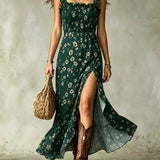Ditsy Floral Smocked Ruffle Slit Maxi Dress