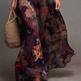 Watercolor Floral Pleated V-Neck Maxi Dress