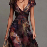Watercolor Floral Pleated V-Neck Maxi Dress