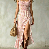 Ditsy Floral Smocked Ruffle Slit Maxi Dress