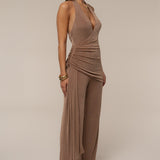 Beige Rustic Charm Halter Jumpsuit