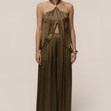 Olive Cascade Satin Pant Set
