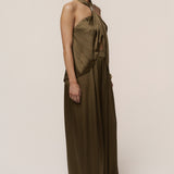 Olive Cascade Satin Pant Set