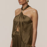 Olive Cascade Satin Pant Set