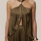 Olive Cascade Satin Pant Set
