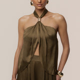 Olive Cascade Satin Pant Set